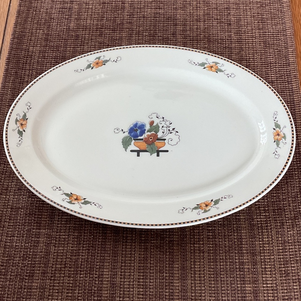 Floral Oval Platter - Cream with Orange and Blue Accents Syracuse china.